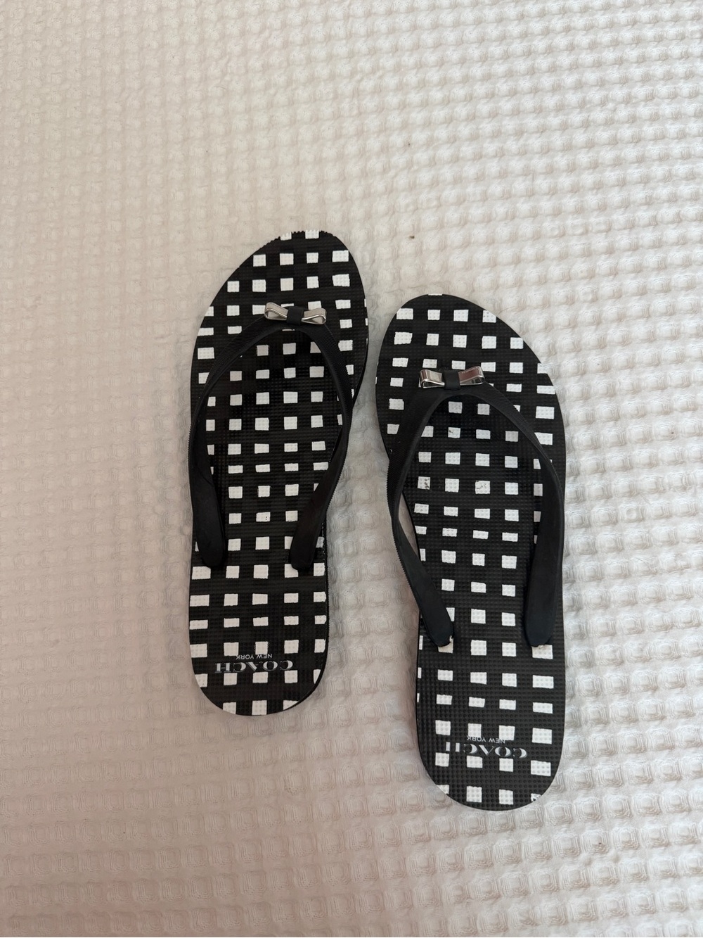 Coach Black & White Check Flip Flops with Bow Accent